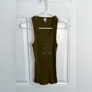Peace / Happy Chick Ribbed Army Green Ribbed Tank